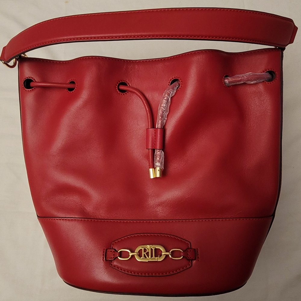 Ralph Lauren Red Leather Drawstring Magnetic Snap Closure Purse Brand New